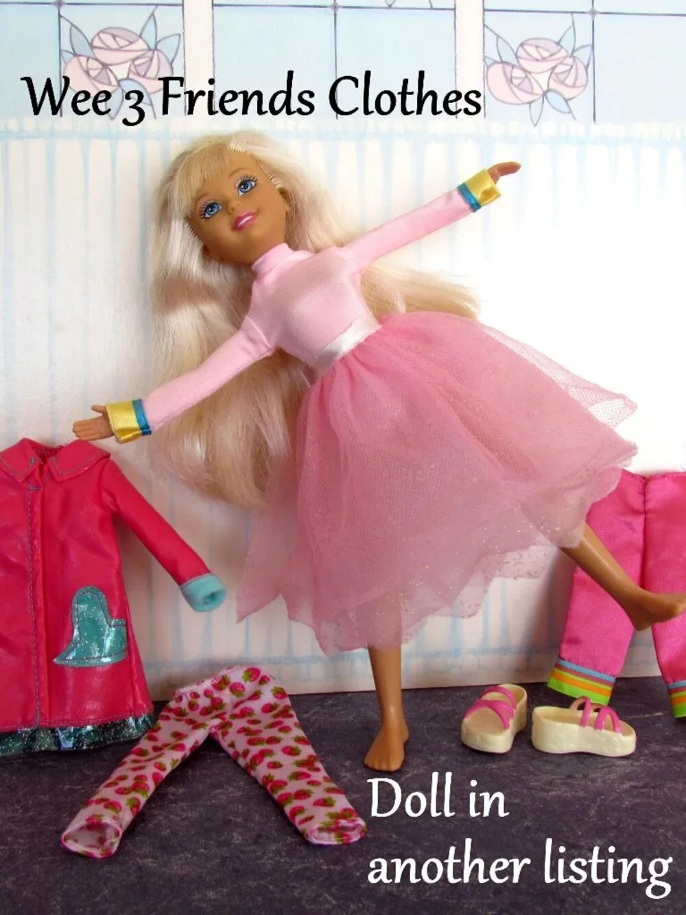WEE 3 FRIENDS CLOTHES, PINK RAINCOAT, TUTU, TURTLENECK, VEST, LEGGINGS, SHOES +